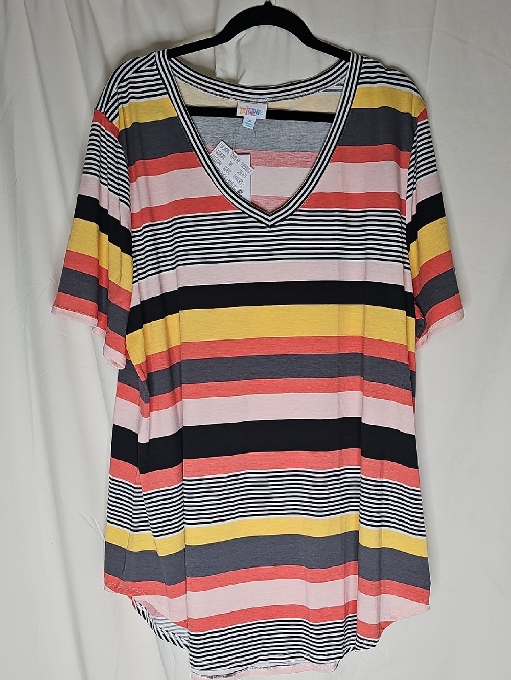 LuLaRoe Short Sleeve V-Neck Top in Pink, Yellow, Black & Gray